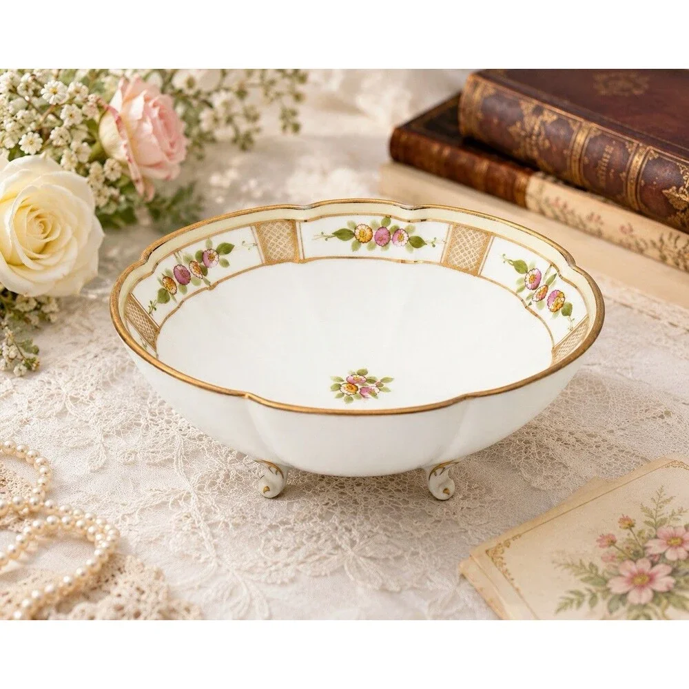 Vintage Hand Painted Nippon Footed Bowl Floral Gold Lattice Raised Relief 7